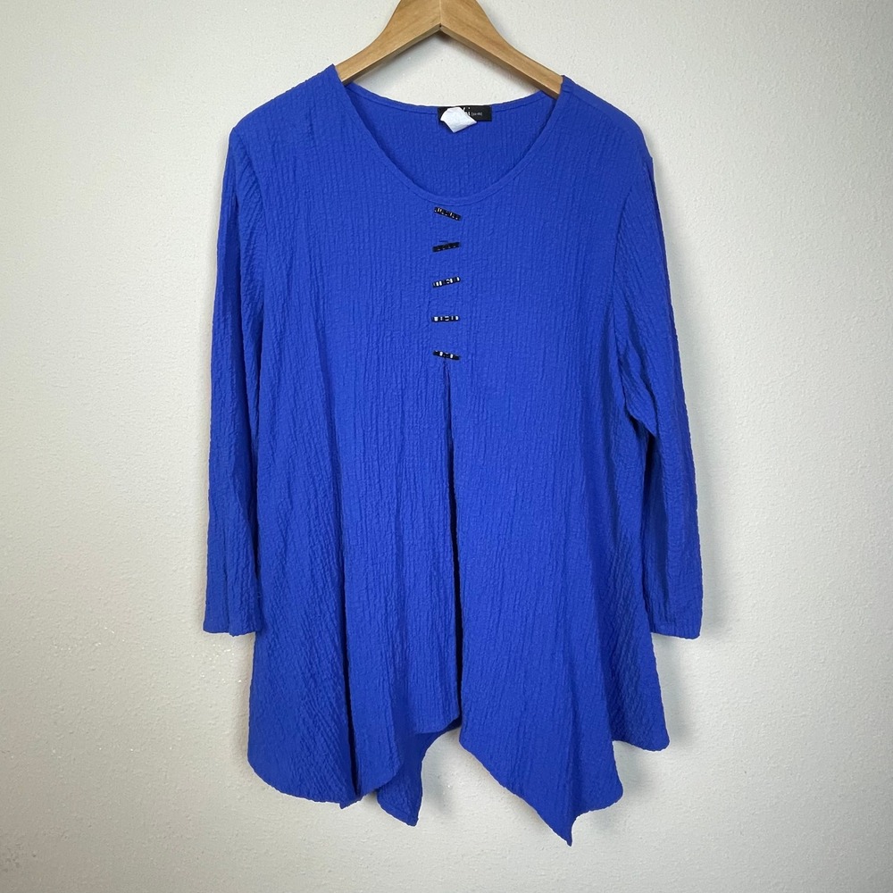 Yushi Women's Royal Blue Textured Long Sleeve Tunic‎ Top XL Coastal Grandmacore